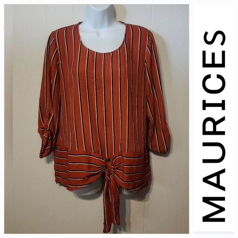 Maurices Striped Blouse Front Tie 3/4 Sleeve Burnt Orange Round Neck Large A604